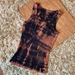 Hand Bleach Tie Dyed Black Ribbed Cotton Tank XL
